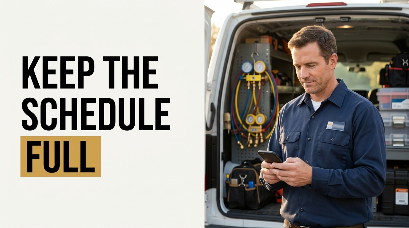 HVAC business owner checking a full job schedule on his phone, the result of real lead generation for HVAC companies