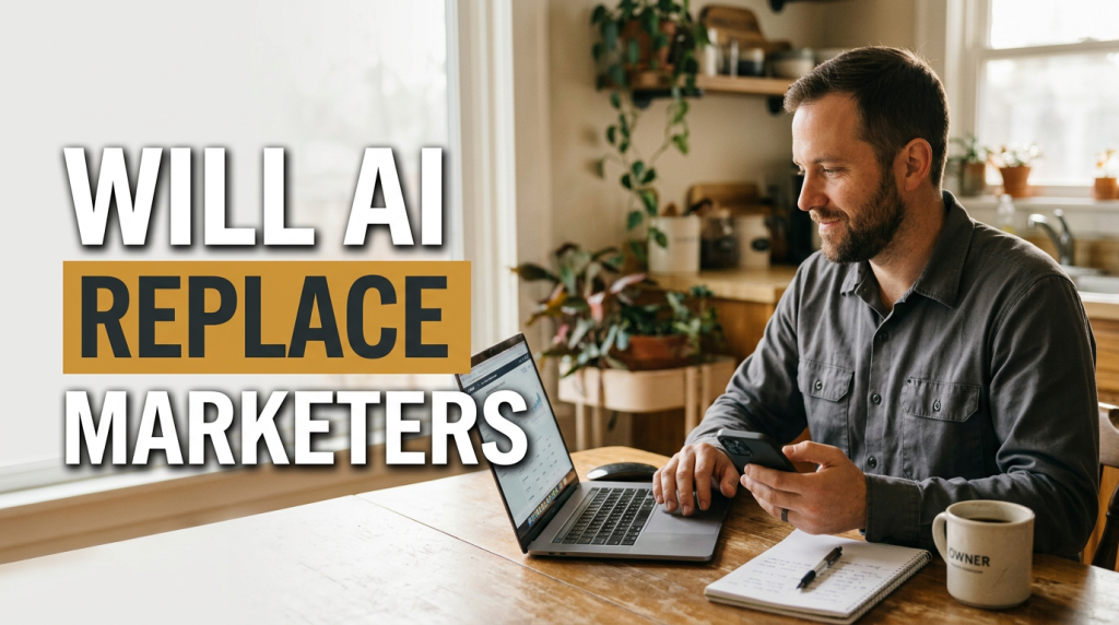 Small business owner at a laptop considering whether AI will replace marketers