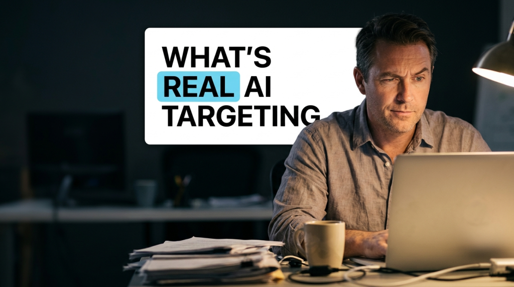 Man using laptop beside real AI targeting headline
