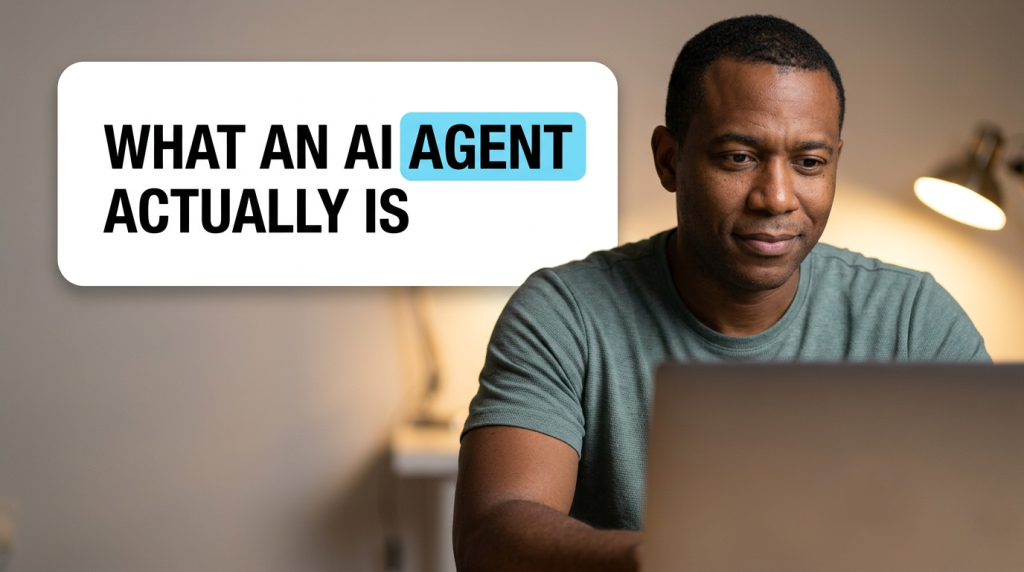 Man using laptop beside AI agent explainer text