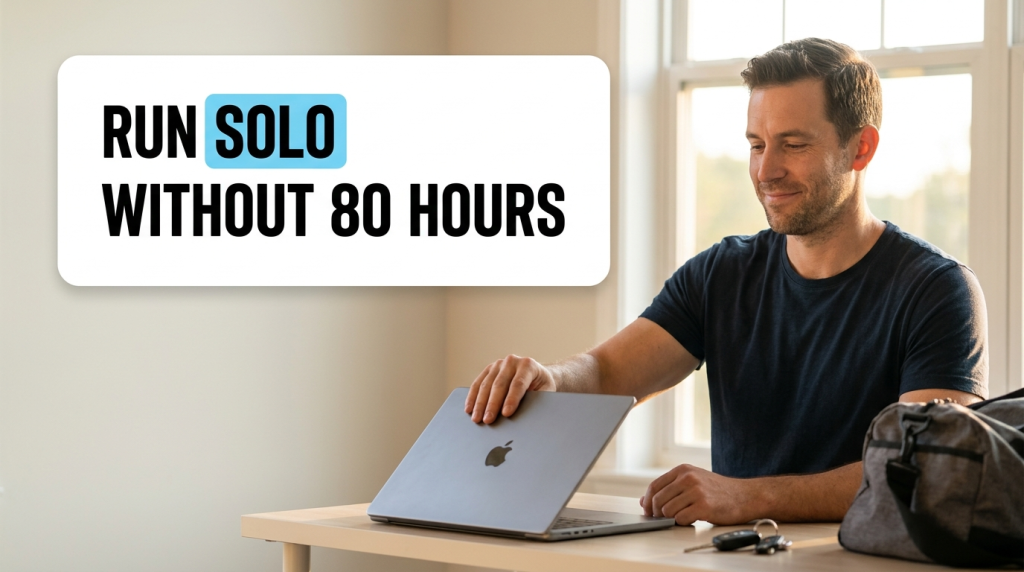 Man closing laptop beside “Run Solo Without 80 Hours” text