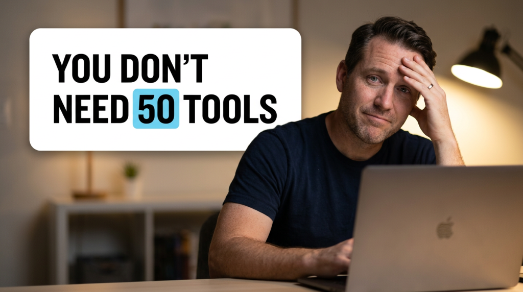 Man overwhelmed at laptop beside “You Don’t Need 50 Tools” text