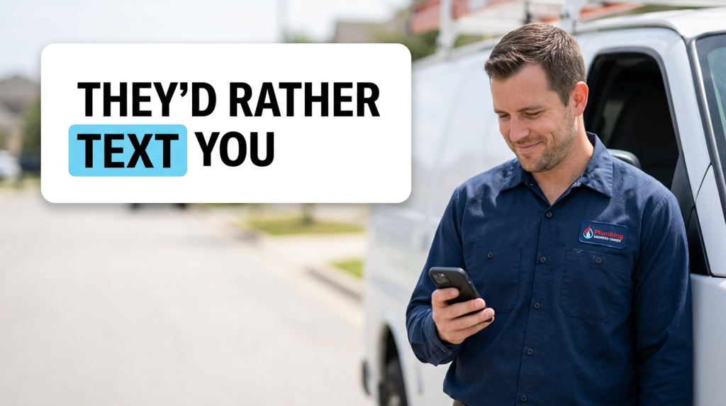 Plumber checking phone beside van with texting message