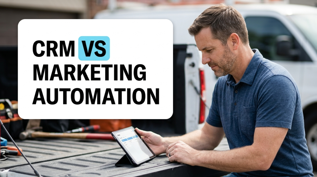 Technician using tablet beside CRM versus marketing automation graphic