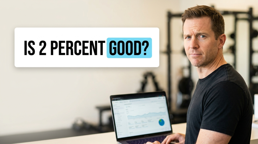 Man beside laptop asks, “Is 2 percent good?”