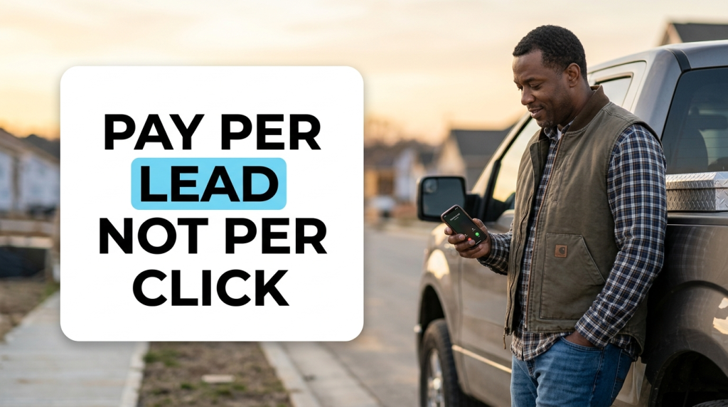 Man checks phone beside truck with pay-per-lead message