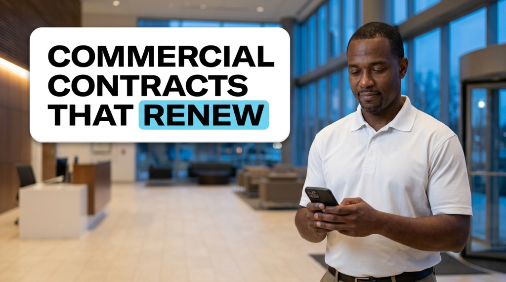 Man checks phone beside commercial contract renewal message