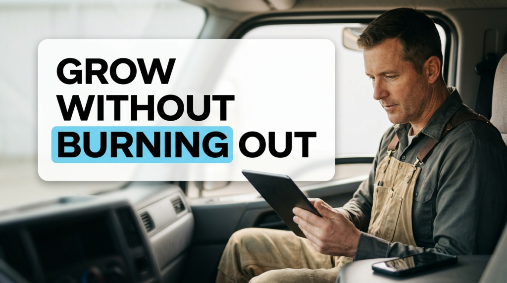 Worker using tablet beside “Grow Without Burning Out” message
