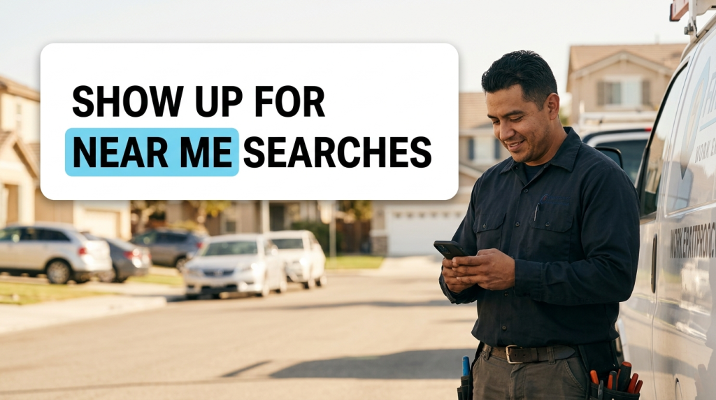 Technician using phone beside van promoting local searches