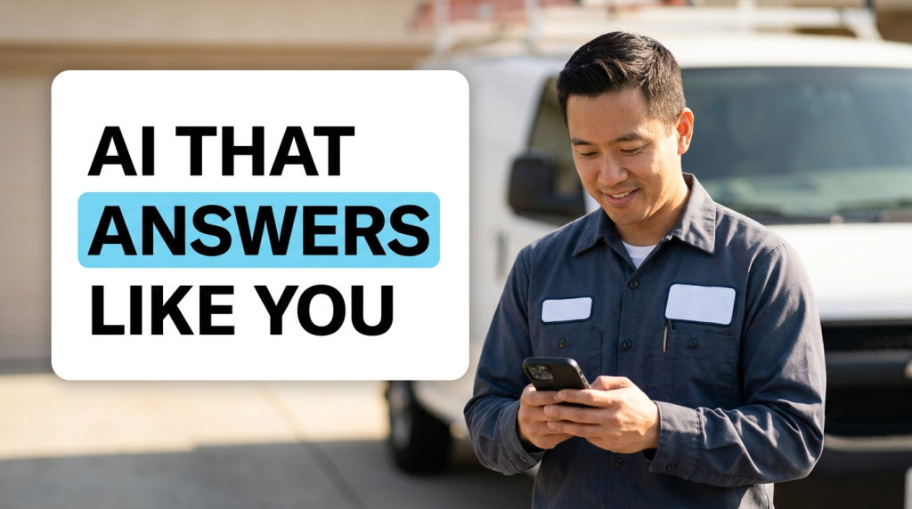 Technician using phone beside AI answers like you message