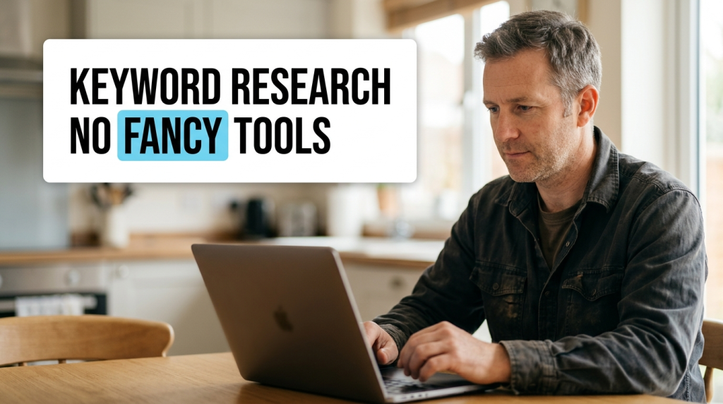 Man researching keywords on laptop with text overlay
