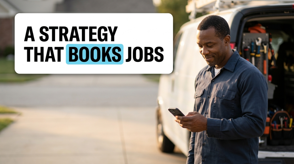 Technician using phone beside service van with marketing text