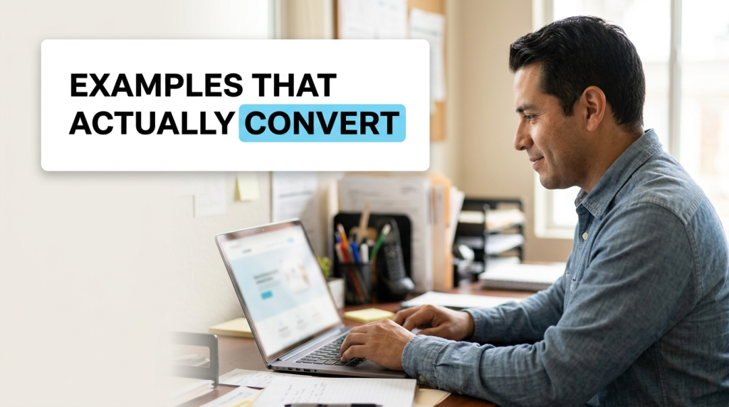 Man working on laptop beneath conversion marketing headline