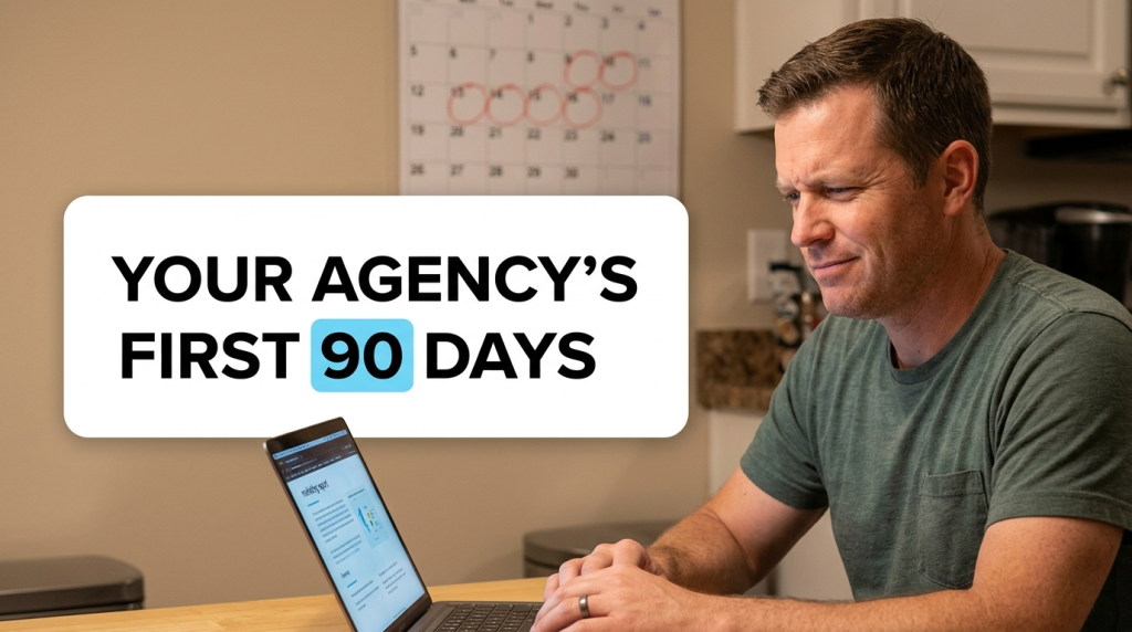 Man working on laptop beside 90-day agency plan text