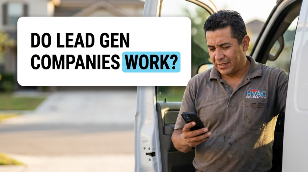 HVAC contractor checking phone beside van with lead generation text