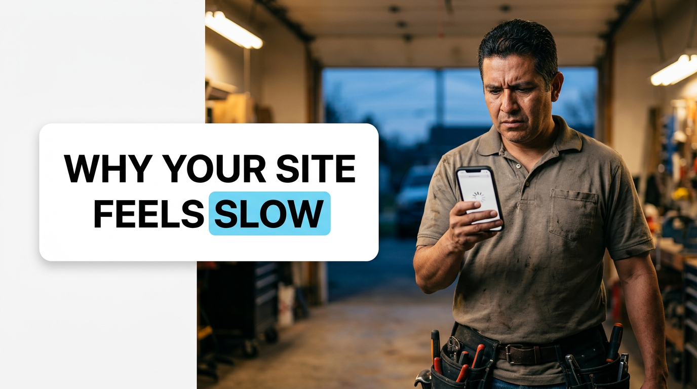 Frustrated worker watches a slow-loading phone in workshop