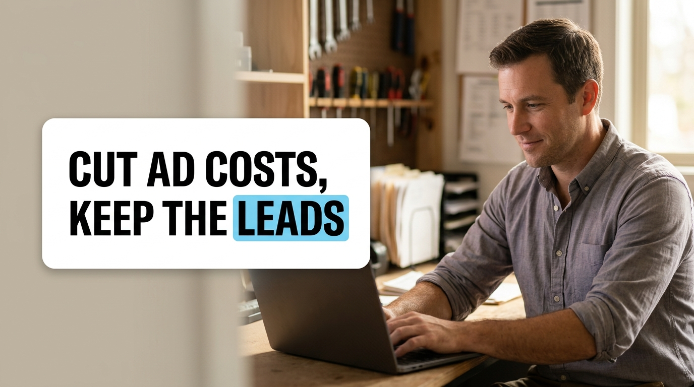 Man using laptop beside “Cut ad costs, keep the leads” text
