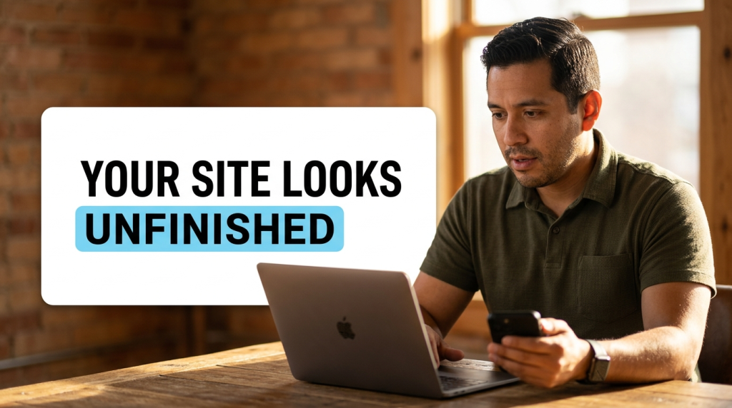 Man using laptop beside “Your Site Looks Unfinished” message