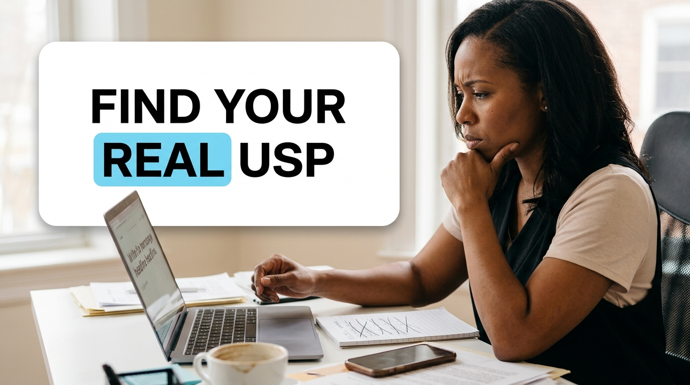 Small business owner thinking through their unique selling proposition at a laptop