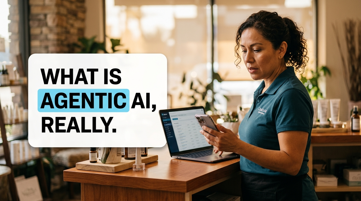 Small business owner reviewing an automated lead follow-up notification on their phone, illustrating what is agentic AI in practice